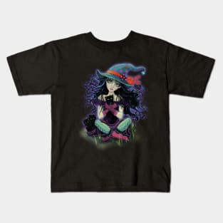 Kitten Witch Halloween Witch with Black Cats Kids T-Shirt